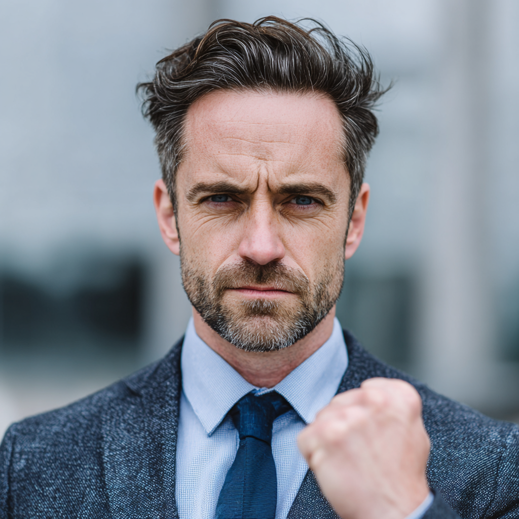 Confident man in business attire showing determination and success mindset