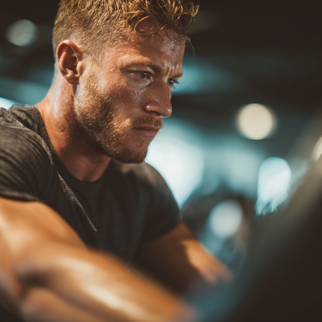 Determined man focusing on his workout in modern gym setting